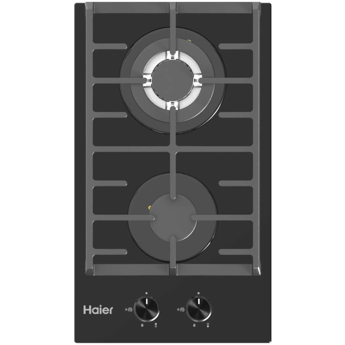 Газовая варочная поверхность Haier HHX-G32CWLB с двухконтурной конфоркой, интегрированным электроподжигом и чугунными решетками.