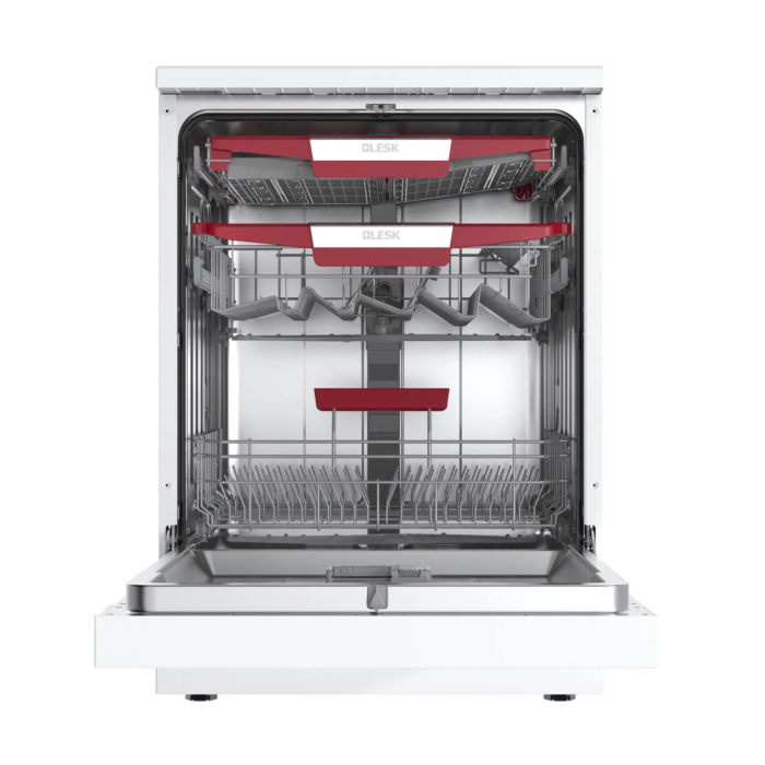 BLESK BXWD14-7631CX — кнопочное управление, 3 корзины с красными ручками формы V, функция полузагрузки, доставка Onbir.kg