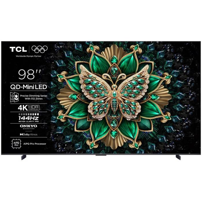 Телевизор TCL 98C6K QD-Mini LED, 4K Ultra HD, 144 Гц, Dolby Audio и Atmos, ONKYO 2.1