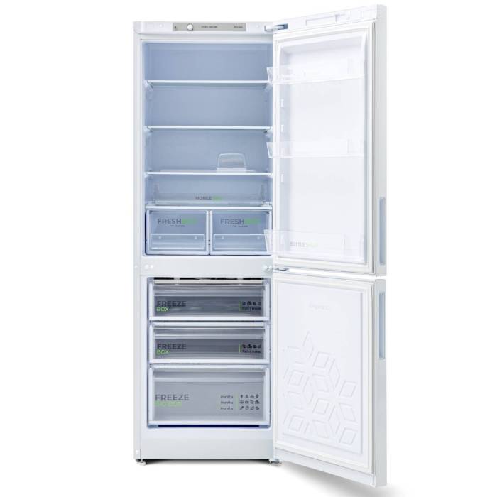 Бирюса 6133 — морозильная камера с 3 ящиками, ручное размораживание, минимальная температура −18 °C, мощность замораживания 5 кг/сутки, автономное сохранение холода до 17 часов.