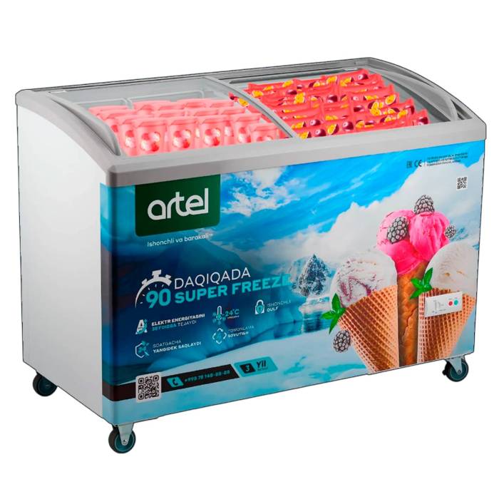 Artel AFA390 — морозильник витринный 330 л, стеклянная крышка, A+, купить в Бишкеке с доставкой