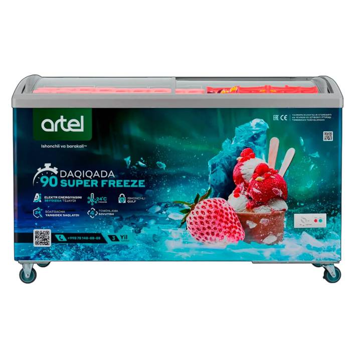 Artel AFA480 — витринный морозильник 400 л, стеклянная крышка, купить в Бишкеке с доставкой