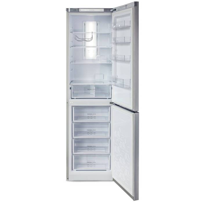 Бирюса М980NF — морозильная камера No Frost с 4 ящиками, минимальная температура −18 °C, мощность замораживания 5 кг/сутки, автономное сохранение холода до 17 ч.