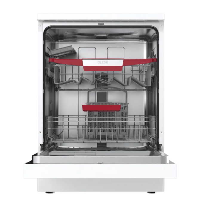 BLESK BXWD12-7631CW — кнопочное управление, 2 корзины с красными ручками формы V, функция полузагрузки, доставка Onbir.kg