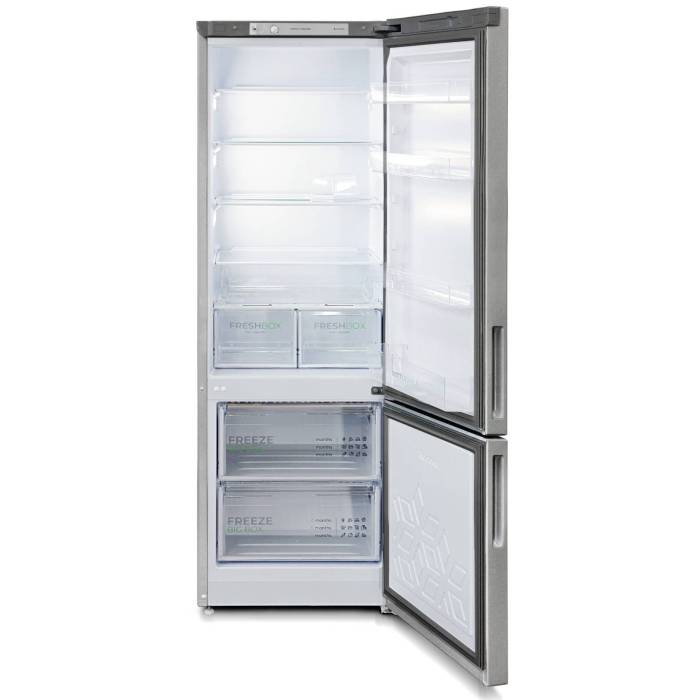 Бирюса M6132 — холодильная камера с 5 полками из стекла и пластика, 2 ящика, автоматическое оттаивание, температура хранения 0–8 °C.