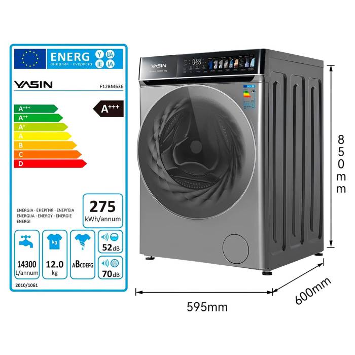 YASIN F12BM636 — LED-дисплей с сенсорными кнопками, отложенный старт до 24 часов, индикаторы ошибок и блокировки двери