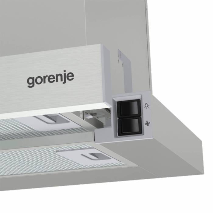 Gorenje TH606E6X — встраиваемая выдвижная вытяжка серебристого цвета, современный дизайн для любой кухни