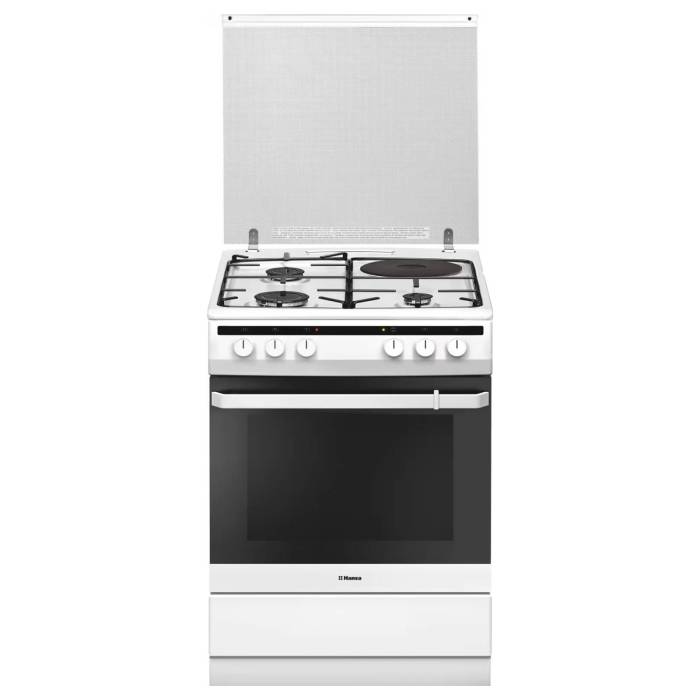 Hansa FCMW68090 — электроподжиг в ручке облегчает розжиг, а стеклянная крышка защищает плиту после использования