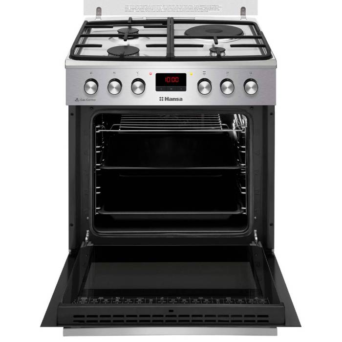 Hansa FCMX68243 — электрическая духовка с 9 режимами нагрева, включая гриль, конвекцию, размораживание и быстрый разогрев до 150 °C за 4 минуты