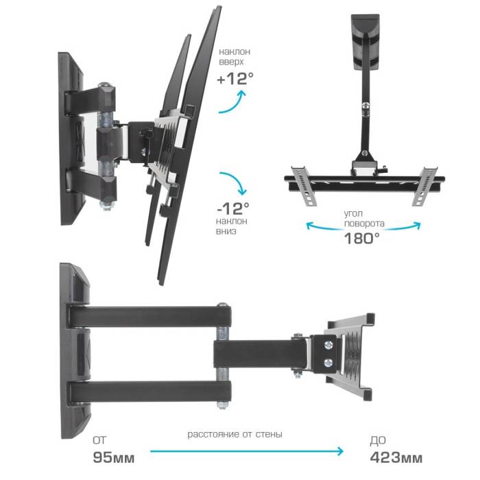 Наклонно-поворотный кронштейн Kromax PIXIS-XS Black — Регулировка: наклонно-поворотный, угол наклона ±12°, угол поворота 180° — Onbir.kg Бишкек, Кыргызстан