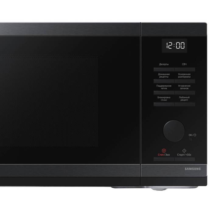 SAMSUNG MS23DG4504AG — корпус из черненой нержавеющей стали, утопленная ручка, стильный черный цвет