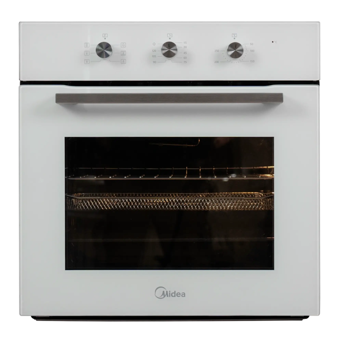 Духовка Midea MO11000GW — 60 л, 5 программ, конвекция и аэрогриль, белое стекло, механическое управление. Купить с доставкой в Бишкеке и Кыргызстане.