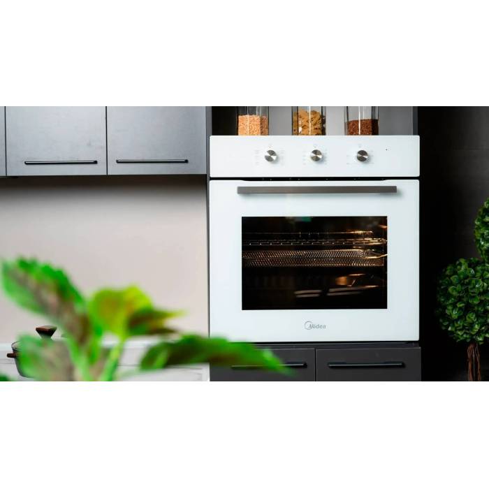 Духовка Midea MO11000GW — 60 л, 5 программ, конвекция и аэрогриль, белое стекло, механическое управление. Купить с доставкой в Бишкеке и Кыргызстане.