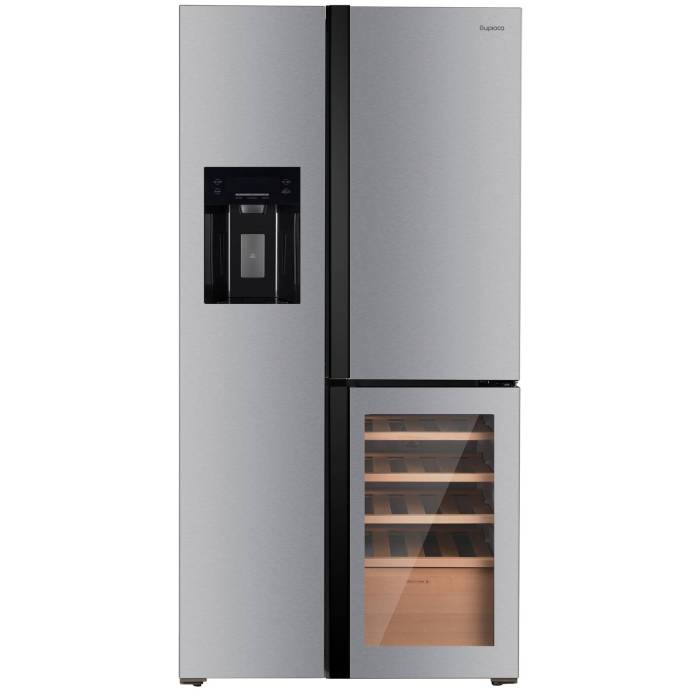 Бирюса TD 530 SG — инверторный холодильник Side-by-Side с винным шкафом и дверьми из текстурированного серебряного стекла.