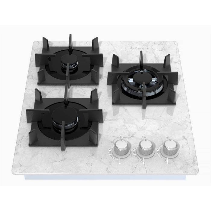GEFEST ПВГ 2100-01 К192 — газовая варочная панель на 3 конфорки с белой стеклянной поверхностью и дизайном «мрамор» — Onbir.kg Бишкек, Кыргызстан