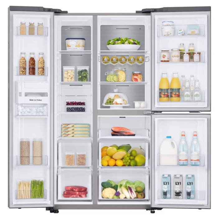 Samsung RS63R5571SL — холодильная камера 405 л: 3 стеклянные полки, винная полка, 5 дверных карманов и 2 овощных ящика