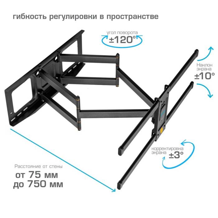 Наклонно-поворотный кронштейн Tuarex ALTA-660 Black — Диагональ экрана: 42–100″ (106–254 см) — Onbir.kg Бишкек, Кыргызстан