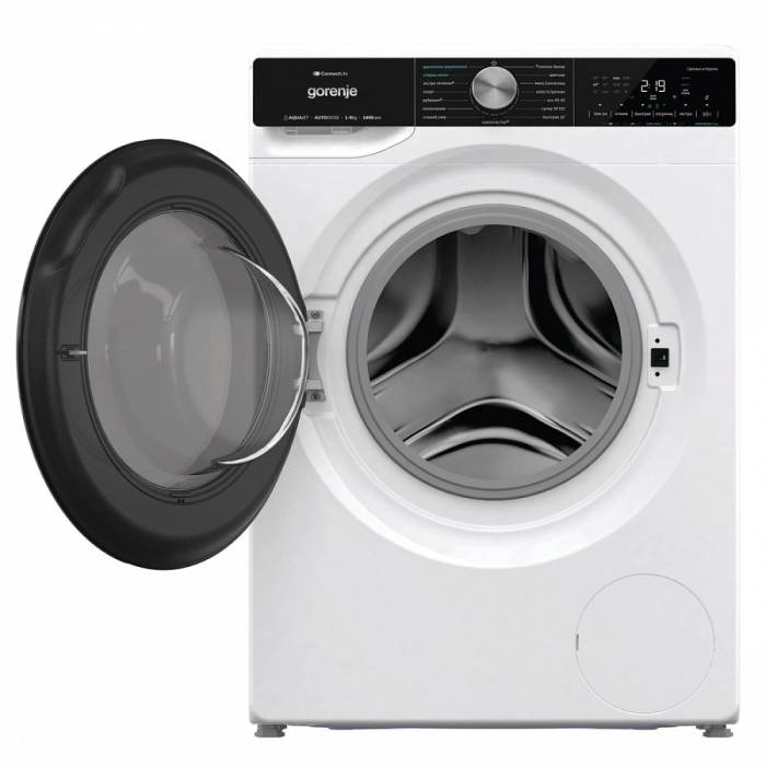 Gorenje WNS94A1AWIFI — стиральная машина 9 кг со стильным белым корпусом и чёрным люком, произведена в Словении