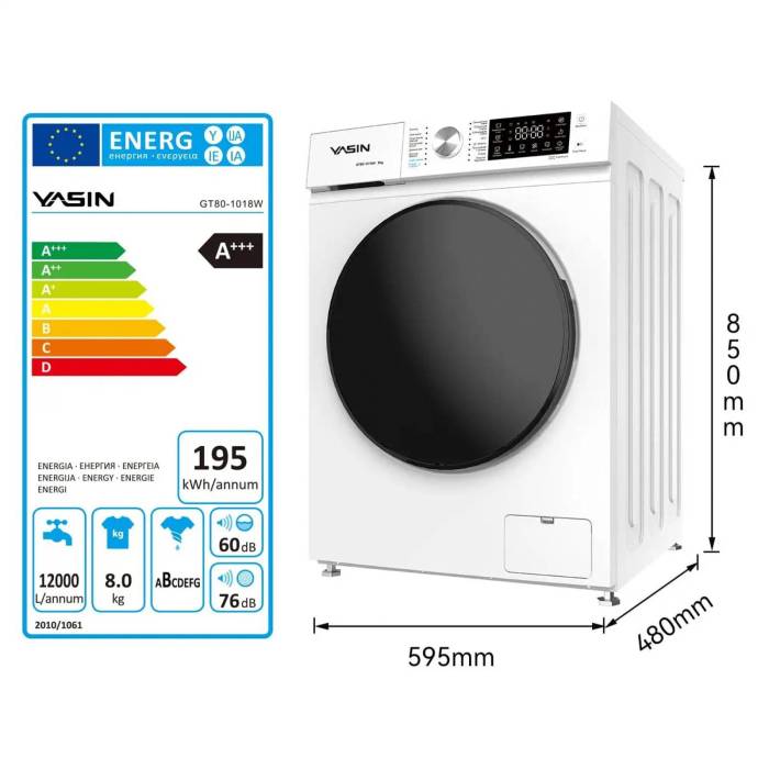 Стиральная машина YASIN GT80-1018W — 8 кг, пар, самоочистка и быстрая стирка, заказать в Бишкеке с доставкой