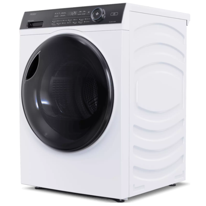 Haier HD90-A2979 — LED-дисплей, электронное управление, 14 программ сушки, включая деликатную, синтетику, смешанные ткани, шерсть, хлопок эко, детскую одежду, полотенца, пуховое одеяло, рубашки, быструю 30 минут, спортивную, подогрев одежды и сушку по вре