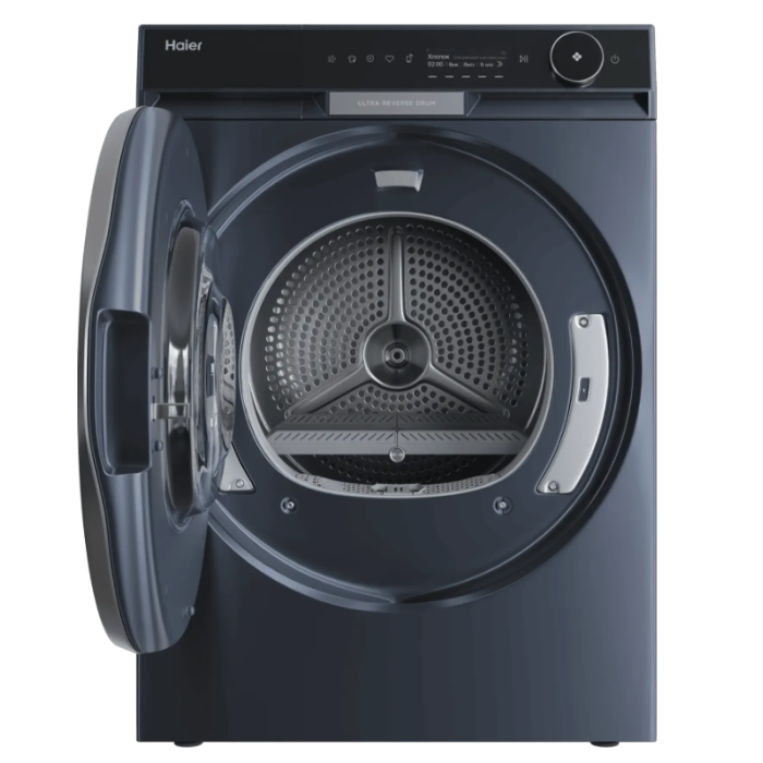 Haier HD100-A3397SU1 — инверторный двигатель, уровень шума 57 дБ, реверсивное вращение барабана, сенсор влажности, предотвращение сминания.