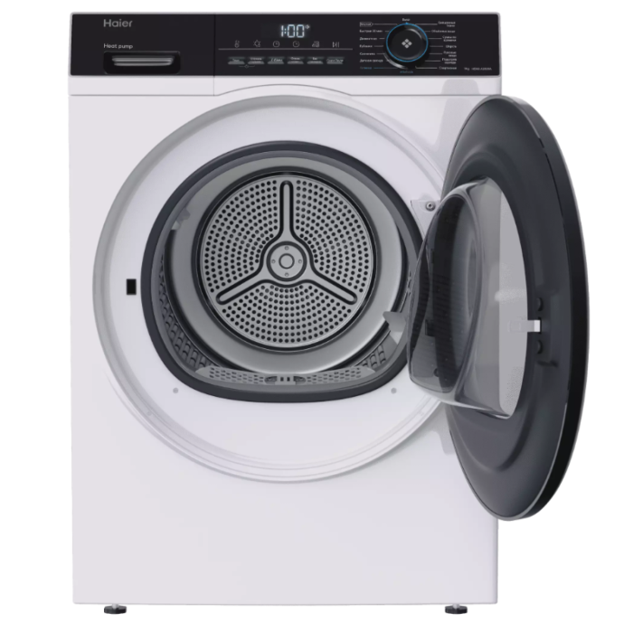 Haier HD90-A2929A — стандартный двигатель, уровень шума 65 дБ, реверсивное вращение барабана, предотвращение сминания, ворсовый фильтр, защита от перегрева.
