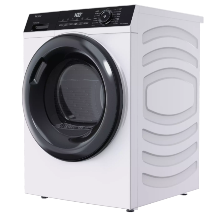 Haier HD90-A2929A — LED-дисплей, электронное управление, 15 программ сушки, включая деликатную, синтетику, шерсть, детскую одежду, пуховые вещи, быструю 30 минут, гигиену и подогрев одежды.
