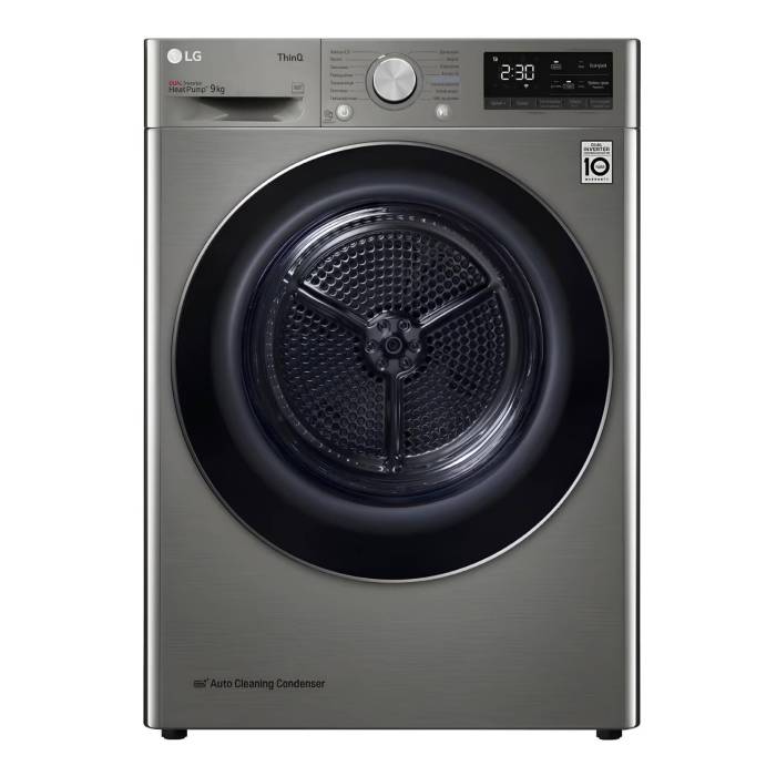 Сушильная машина LG DC90V5V9S, 9 кг, тепловой насос, инверторный мотор, двойной фильтр, платиново-серебристый цвет, купить в Бишкеке