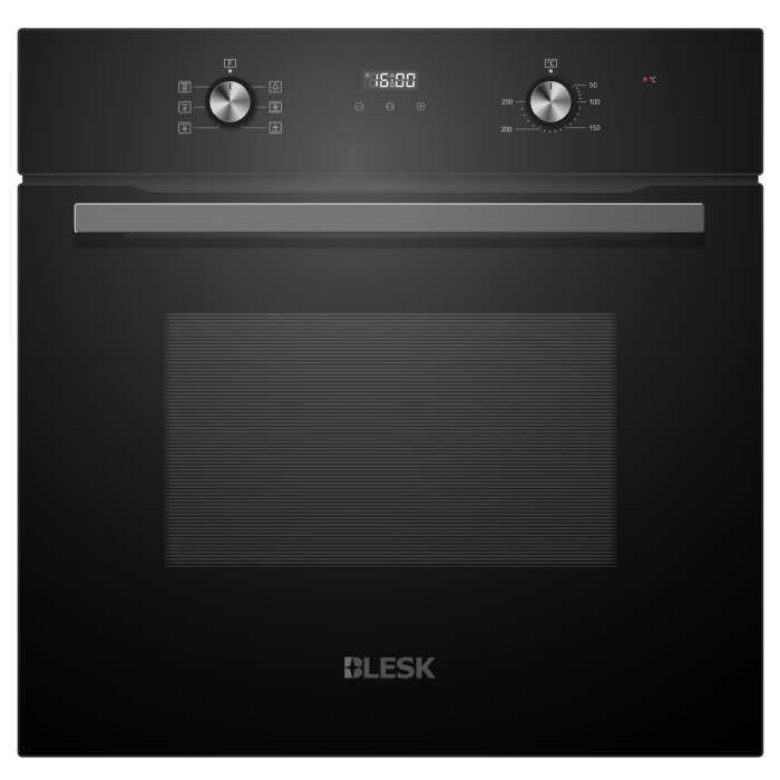 BLKX58D2 — встраиваемая электрическая печь, объем 58 л, полностью черный стеклянный фасад, 2-слойная стеклянная дверца.