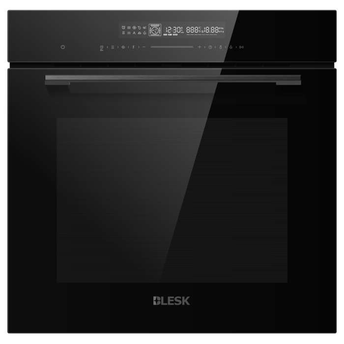 BLKX72T0B — встраиваемая электрическая печь, объем 72 л, полностью черный стеклянный фасад с сине-белыми точками, 3 стеклянные дверцы.