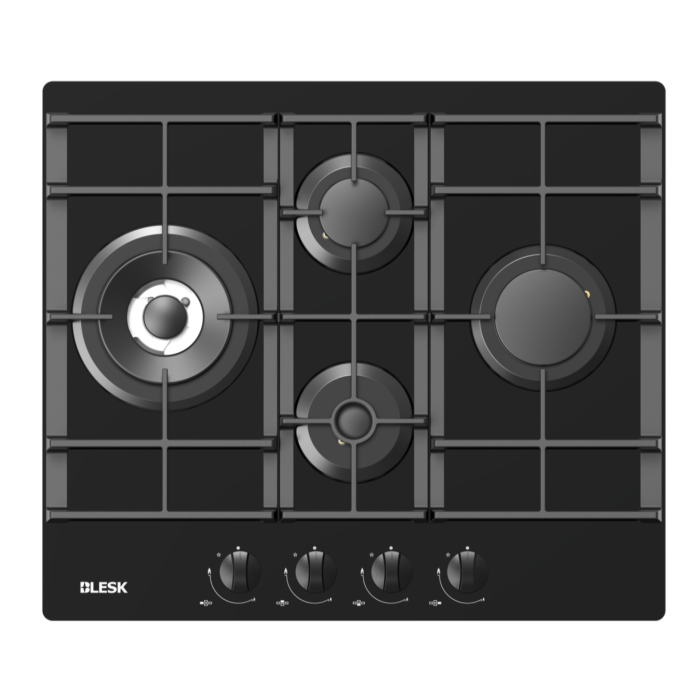 BLESK BZ60G097G — встраиваемая газовая варочная панель, размер 600×520×97 мм, встраиваемый размер 560×490 мм, матовая поверхность, матовая эмаль, черная стеклянная панель 8 мм.