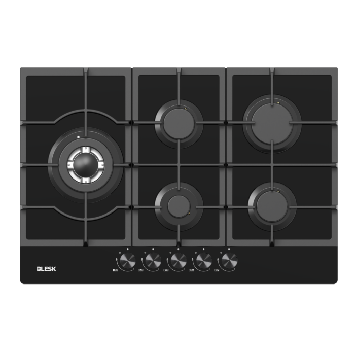 BLESK BZ75G095G — встраиваемая газовая варочная панель, размер 750×510×90 мм, встраиваемый размер 560×480 мм, матовая поверхность, глянцевая эмаль, черная стеклянная панель 8 мм.