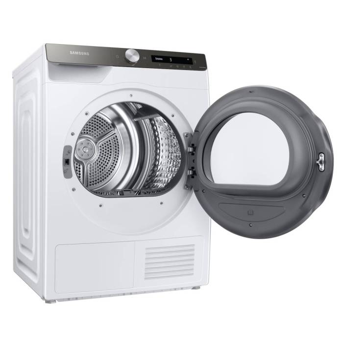 Samsung DV90T5240AT/LP — тип барабана Diamond, материал обработанная сталь, функции Cool Air, Iron Dry, Outdoor, Time Dry, Warm Air, Quick Dry 35’, программы для полотенец, шерсти, хлопка, деликатной, синтетики, рубашек, смешанной загрузки.