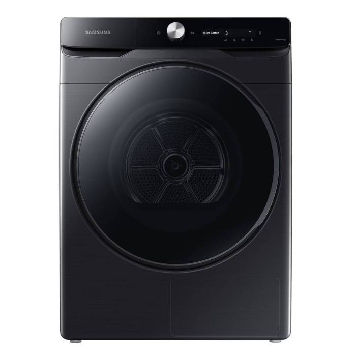 Samsung DV16DG8600BV — сушильная машина с гибридным тепловым насосом, загрузка 16 кг, цвет корпуса черный, дверца тонированная с черным декором, отдельностоящая.