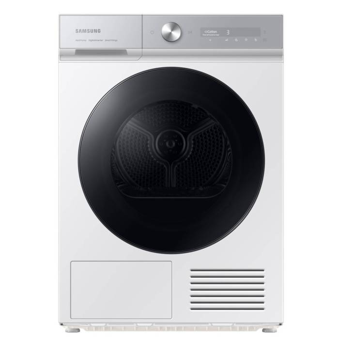 Samsung DV90BB9445GH/LP — сушильная машина с тепловым насосом, загрузка 9 кг, цвет белый, дверца из закаленного стекла, отдельностоящая.