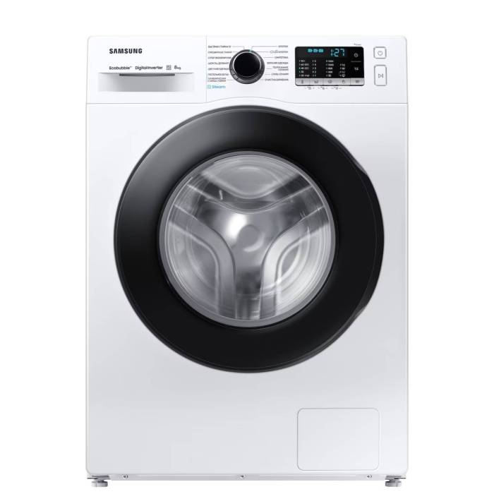 Samsung WW80AGAS26AE — стиральная машина 8 кг с корпусом белого цвета и резной дверцей (черный) — Onbir.kg Бишкек, Кыргызстан