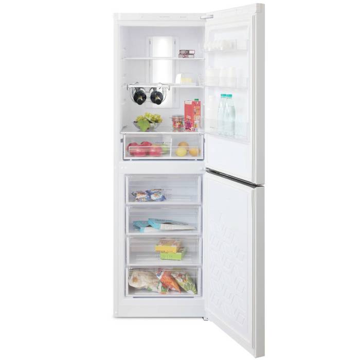 Бирюса 940NF — холодильная камера с системой No Frost, 3 полками из стекла и пластика, 1 ящиком, температура хранения 0–8 °C.