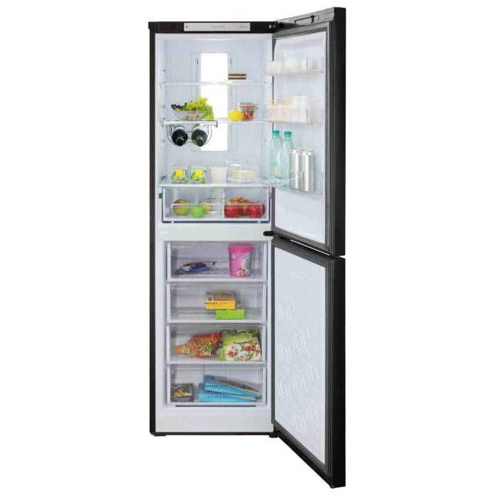 Бирюса В940NF — холодильная камера с системой No Frost, 3 полки из стекла и пластика, 1 ящик, температура хранения 0–8 °C.