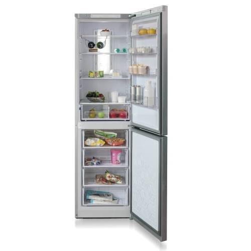 Бирюса С980NF — холодильная камера с системой No Frost, 4 полки из стекла и пластика, 1 ящик, температура хранения 0–8 °C.