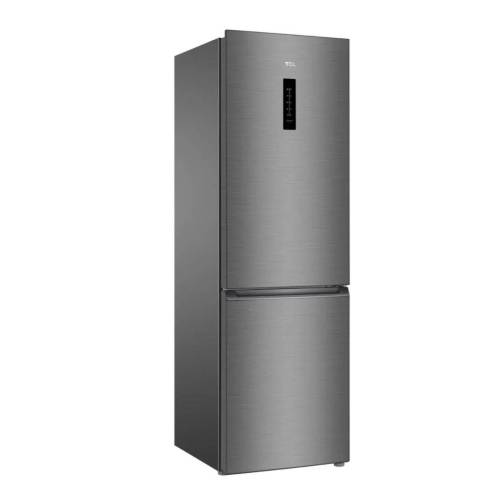 TCL P315BFXG — двухкамерный холодильник с нижней морозильной камерой, цвет галактический серый, металлическая дверная панель, современный дизайн.