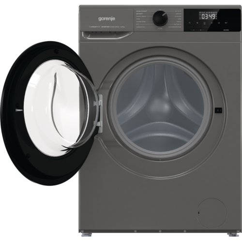 Gorenje W3NHEI74SAS — стильный серебристый корпус и чёрный люк, современный дизайн для любой ванной.