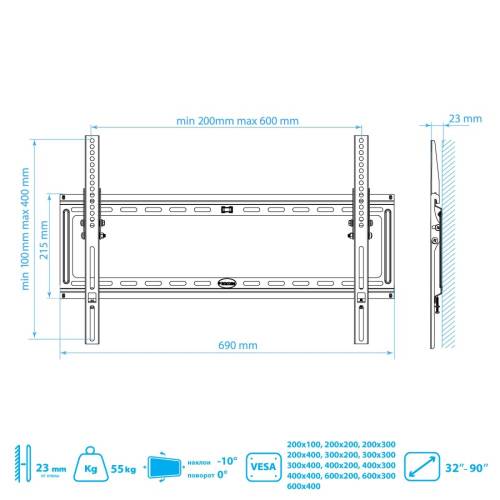 Настенный наклонный кронштейн Kromax IDEAL-2 Black — Максимальная нагрузка: 55 кг — Onbir.kg Бишкек, Кыргызстан