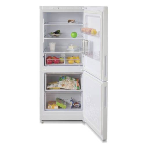 Бирюса 6141 — холодильная камера с 3 полками из стекла и пластика, 1 ящик, автоматическое оттаивание, температура хранения 0–8 °C.