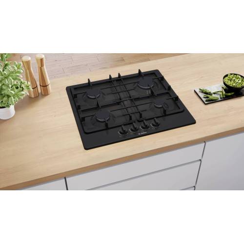 Bosch PGP6B6K90R — классическая газовая панель чёрного цвета с чугунными решётками, заказать в Бишкеке онлайн