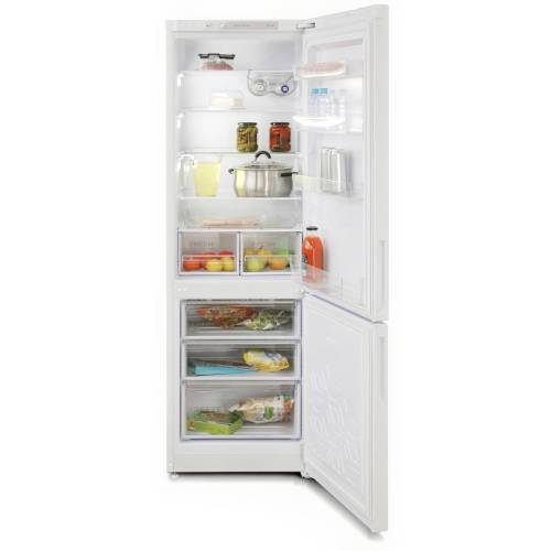 Бирюса 6127 — холодильная камера с 5 полками из стекла и пластика, 2 ящиками, автоматическое оттаивание, температура хранения 0–8 °C.