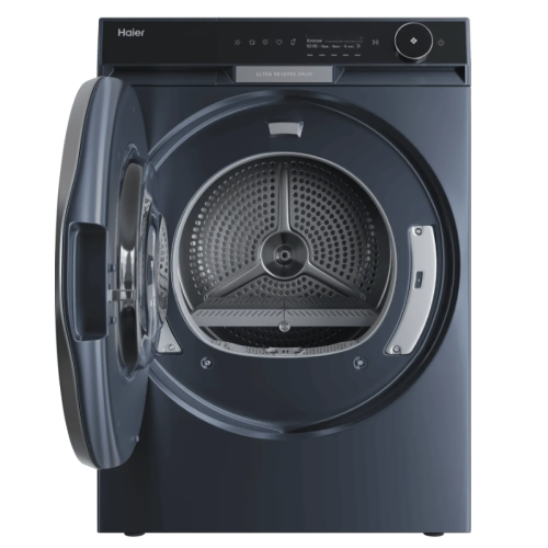 Haier HD100-A3397SU1 — инверторный двигатель, уровень шума 57 дБ, реверсивное вращение барабана, сенсор влажности, предотвращение сминания.
