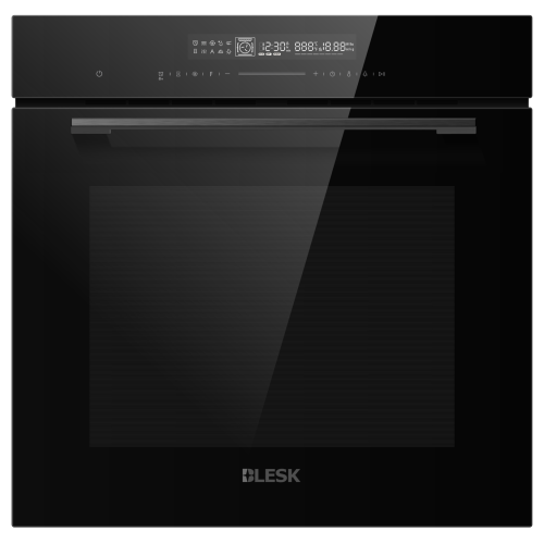 BLKX72T0B — встраиваемая электрическая печь, объем 72 л, полностью черный стеклянный фасад с сине-белыми точками, 3 стеклянные дверцы.