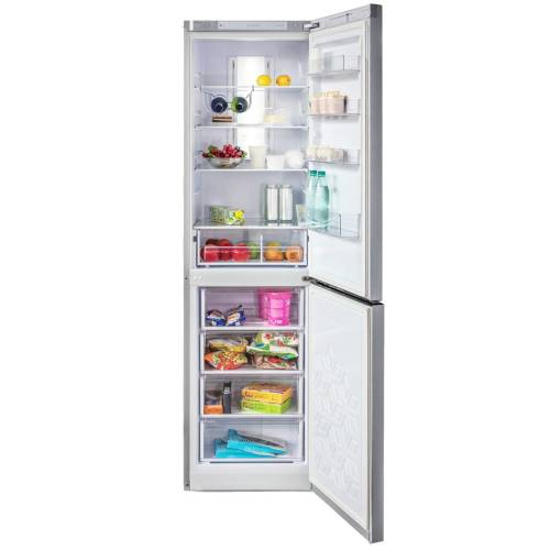 Бирюса М980NF — холодильная камера с системой No Frost, 4 полки из стекла и пластика, 1 ящик, температура хранения 0–8 °C.