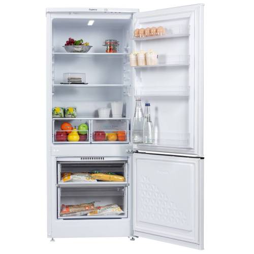 Бирюса 551 — холодильная камера с 3 полками из стекла и пластика, 2 ящика, капельная система оттаивания, температура хранения 0–8 °C.