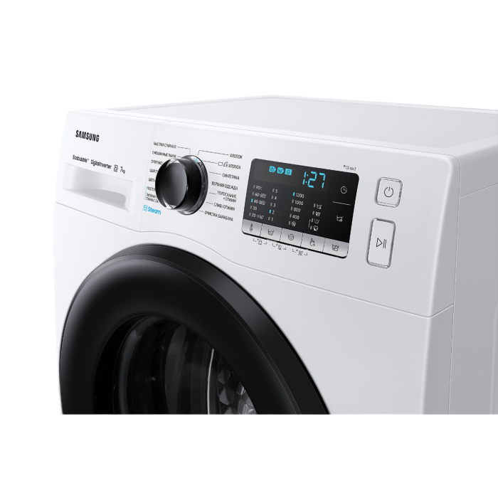 Узкая стиральная машина SAMSUNG WW70AGAS22AELD, 7 кг, с функцией паровой очистки и AquaProtect. Белый цвет